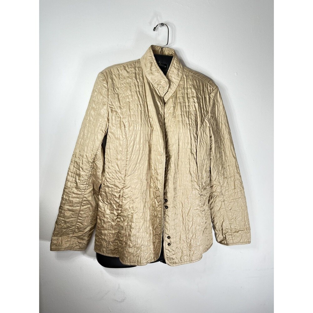 Chico's Jacket Womens 1 M Beige Quilted Leopard Lined Snap Front Stand Collar